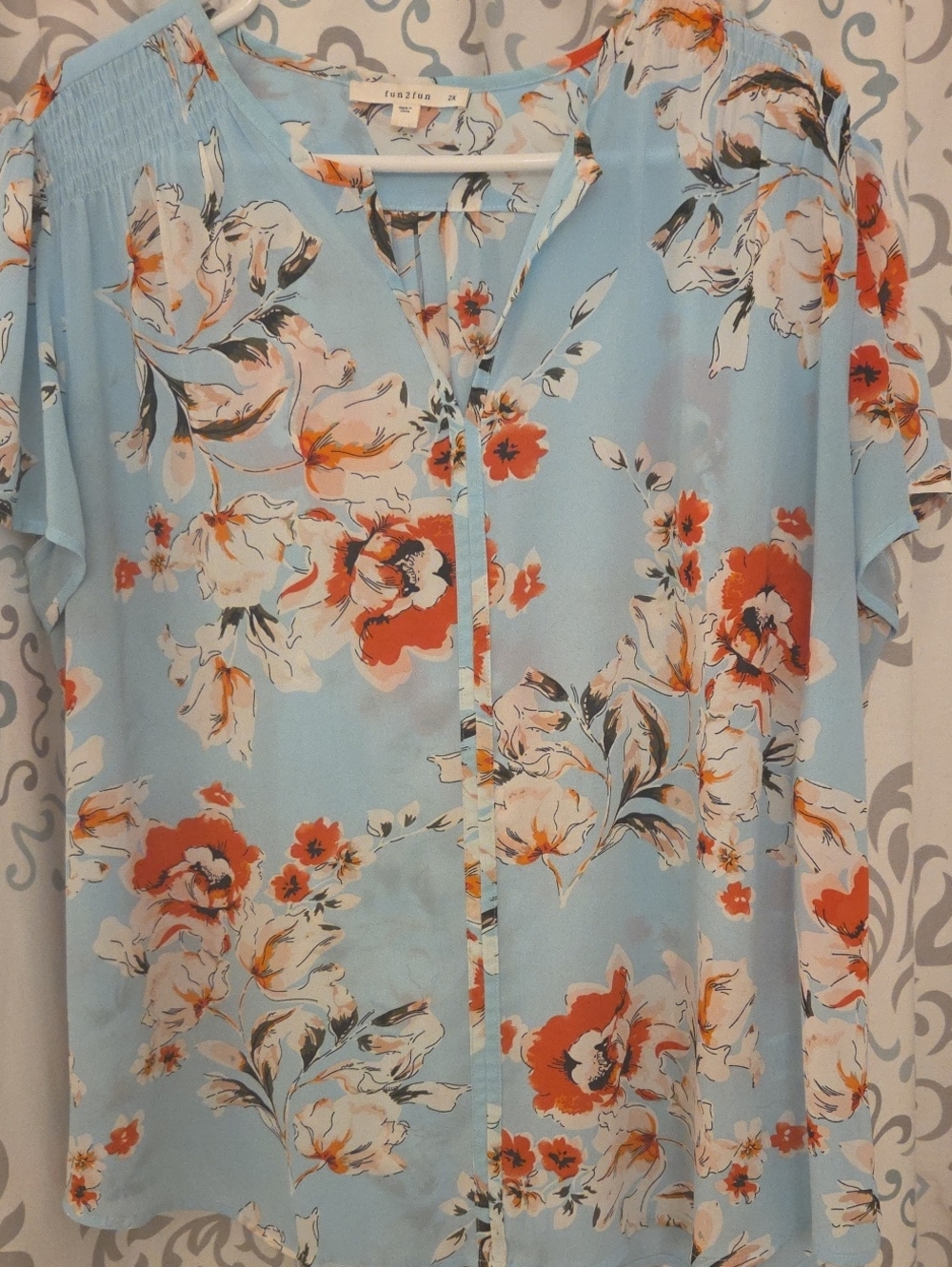 fun 2 fun Light Blue Floral Split-Front Blouse with Coral Accents